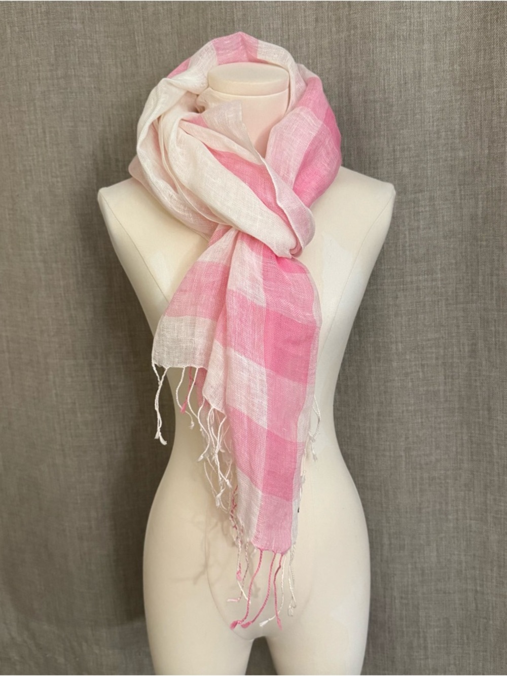 Talbots Pink & White Plaid Linen Scarf — 100% Linen